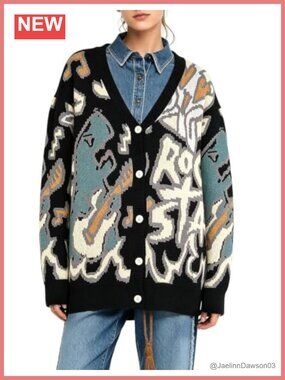 Oversized Button Down Knit Cardigan Sweater Dinosaur Letter Print